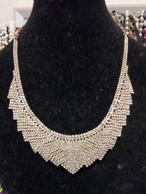 Rhinestone Fringe Collar Necklace - Gold-Tone